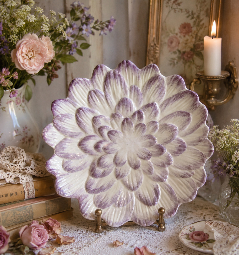 Vtg Italian Majolica 9" Dahlia Flower Plate Hand Painted Purple Ceramic Italy
